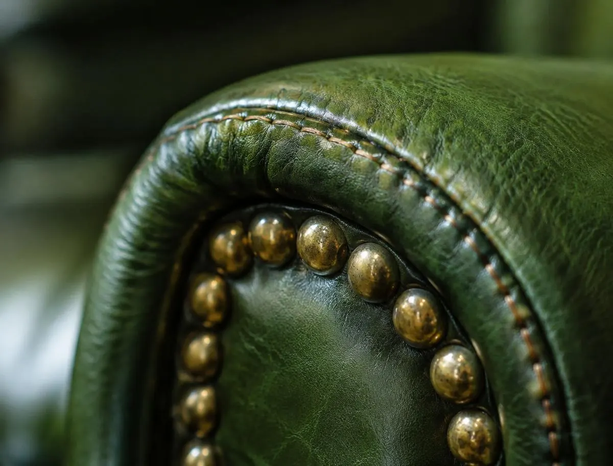 Detalle de costura y tachuelas doradas en un sillón verde