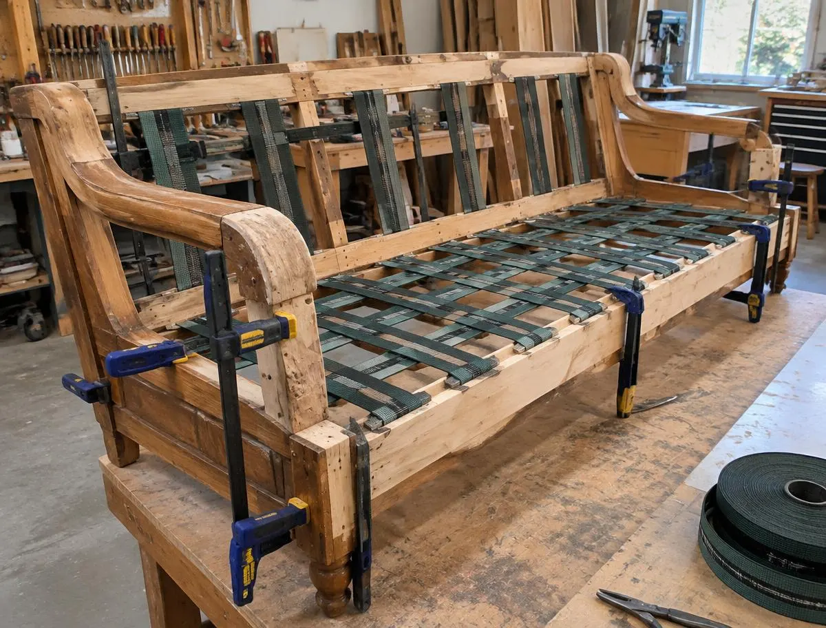 Estructura de madera de un sofá con cinchos nuevos y prensas