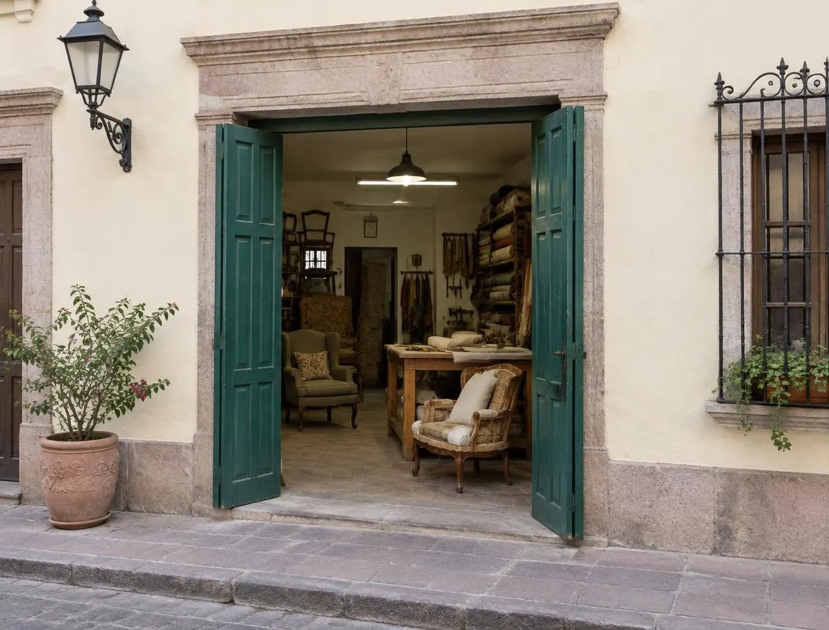 Fachada de un taller de tapicería con puertas verdes en el centro de la ciudad